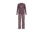 Pruimkleurige damespyjama met lange mouwen top 'Let's Stay in BED' en bloemenpatroon broek.