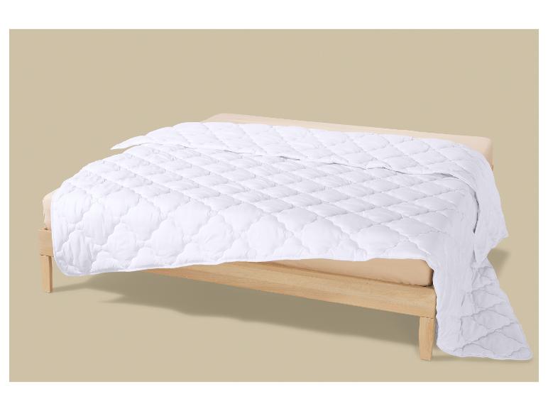 Wit, gewatteerd dekbed op een bed met houten frame.