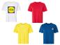 Lidl T-shirts: wit met logo, rood, geel en blauw.