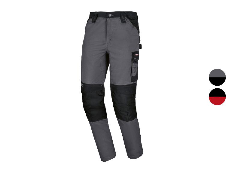 Grijze en zwarte werkbroek met zakken en verstevigde knieën.