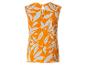 Mouwloze oranje jurk met witte bladprint en opening op de rug.