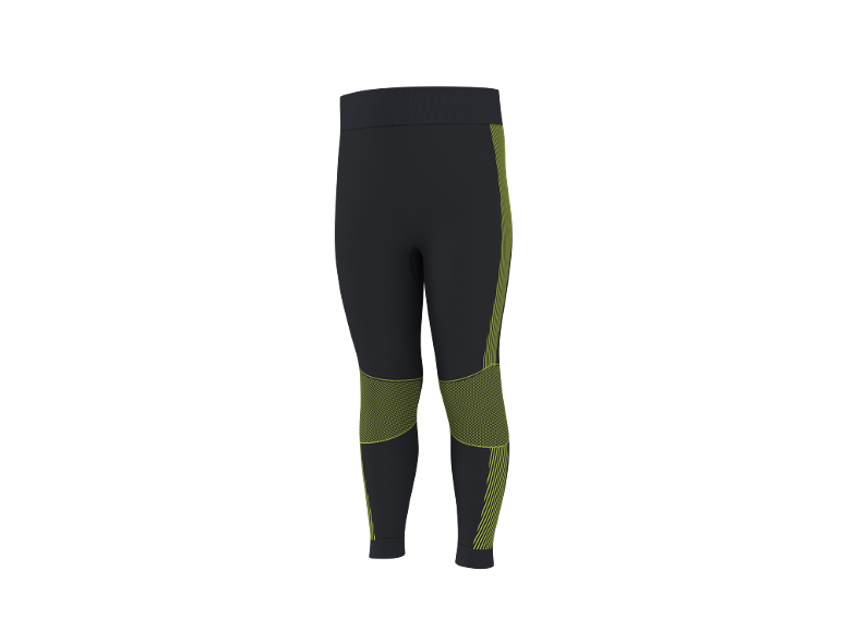 Zwarte sportlegging met geelgroene strepen en patronen.