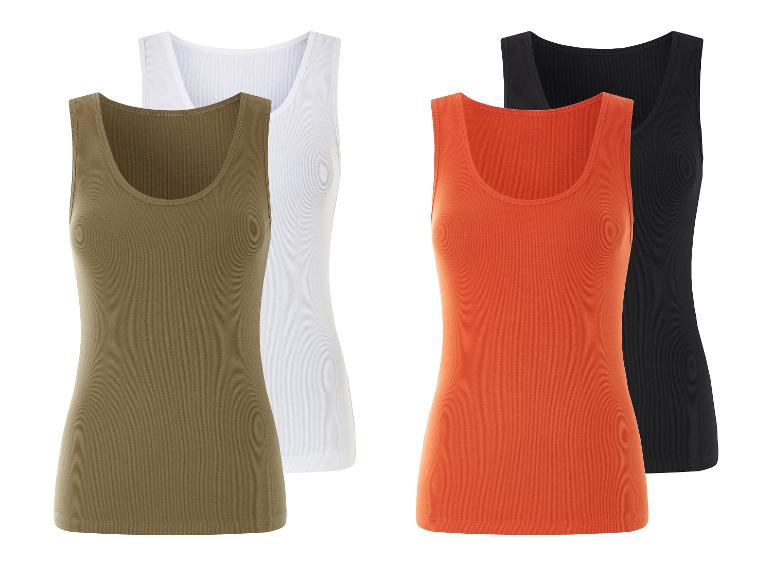 Geribbelde tanktops: oranje, wit en kaki.