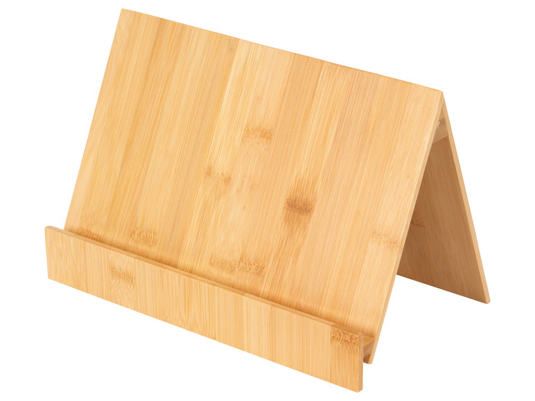 Een houten boekenstandaard voor het lezen van recepten of andere boeken.