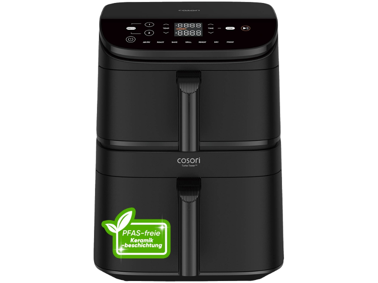 Zwarte dubbele airfryer met digitaal display en keramische coating