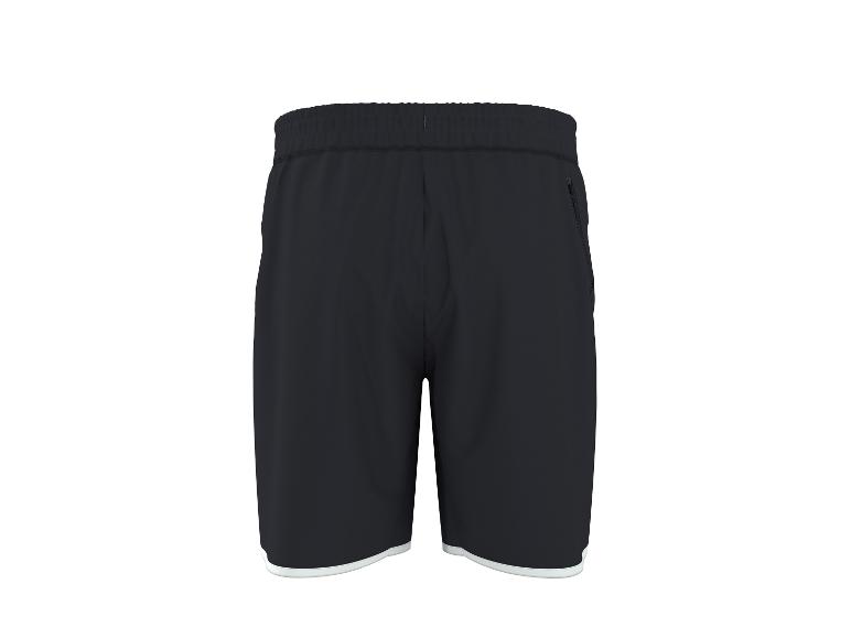 Zwarte sportshort met witte bies aan de onderkant, achteraanzicht.