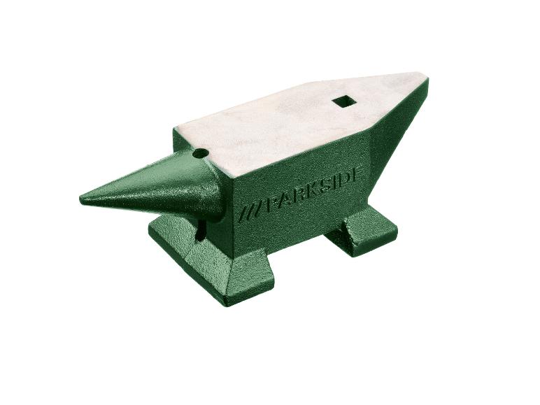 Groen aambeeld met een zilveren werkoppervlak en Parkside-logo