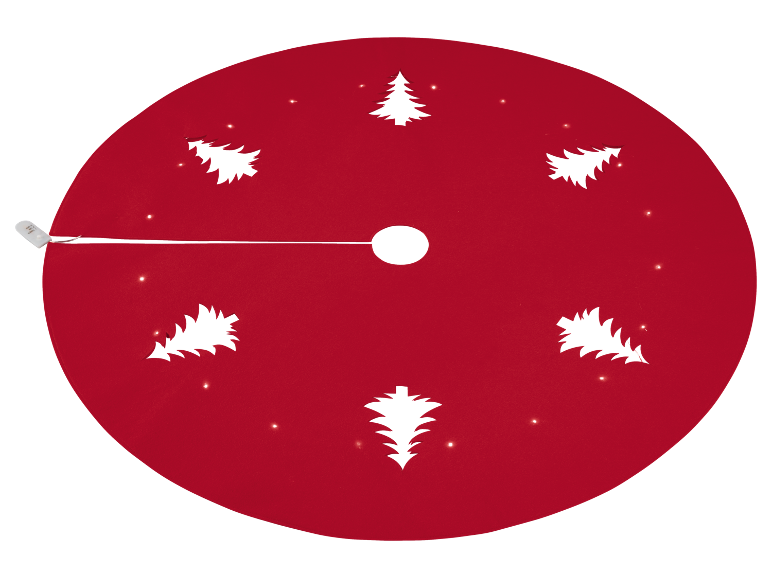 Rode kerstboomrok met uitgesneden boomontwerpen en kleine lichtjes.