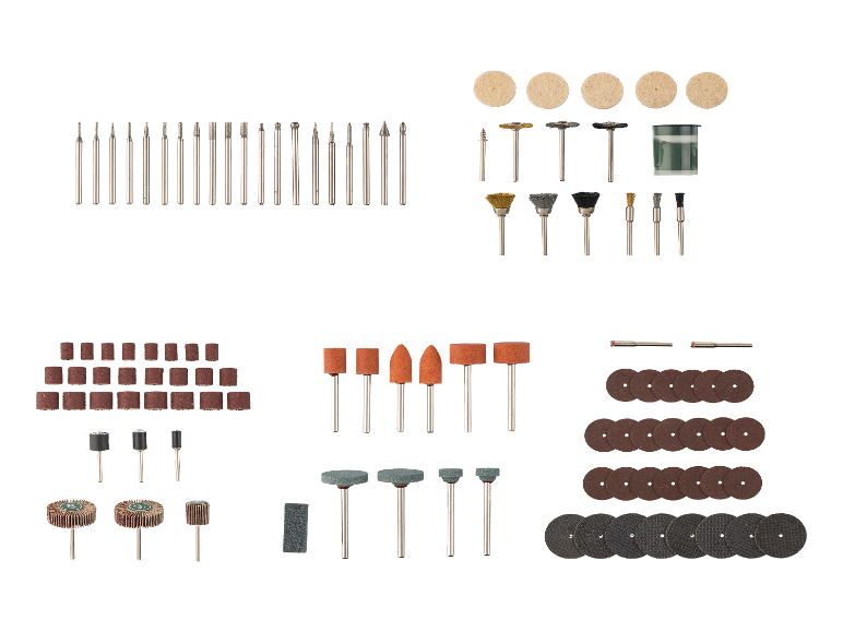 Set roterende gereedschappen met diamantpunten, schijven en borstels.