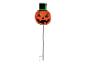 Halloween pompoen tuinpaal met hoge hoed en lachend gezicht