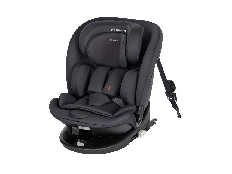 Donkergrijze baby autostoel met gordels en vulling.
