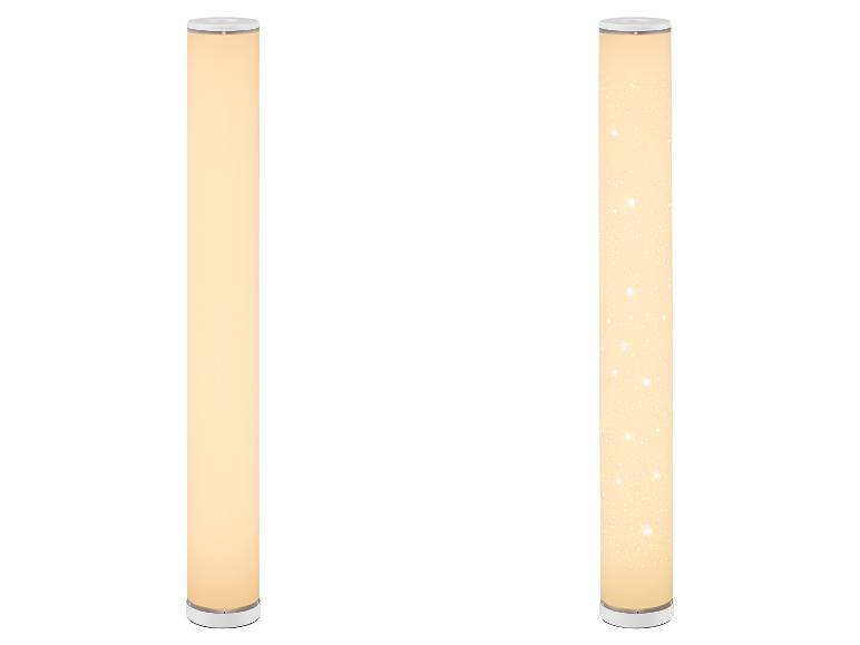 Twee cilindrische vloerlampen, één met effen licht en één met een sterrenpatroon.