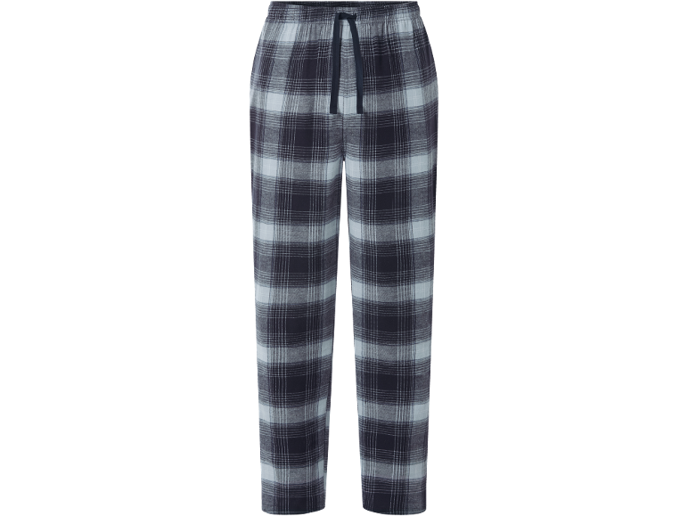Marineblauwe en wit geruite pyjamabroek met trekkoord.