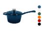 Blauwe geëmailleerde steelpan met deksel en handvat, met kleurstalen.