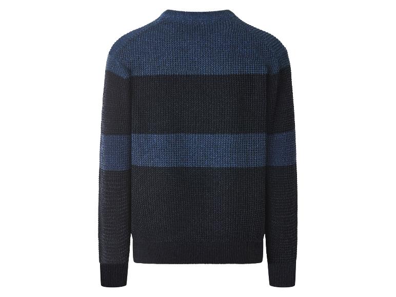 Donkerblauwe en blauw gestreepte herentrui, achteraanzicht.