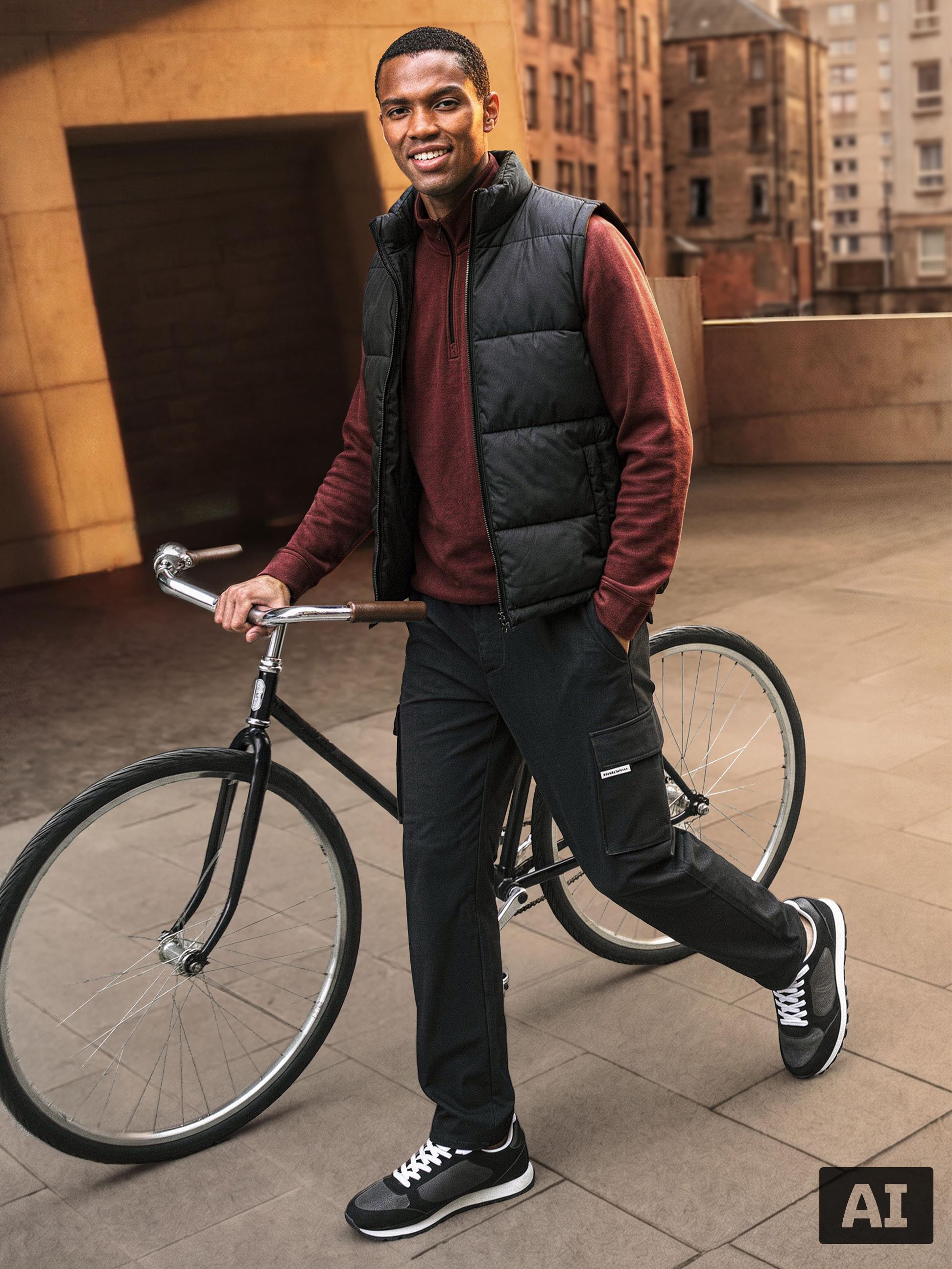 Man in gewatteerd vest, sweatshirt en cargobroek, met fiets.