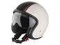 Witte motorhelm met zwarte en rode streep, transparant vizier en zwarte voering.