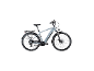 Grijze elektrische fiets met bagagedrager en spatborden, zijaanzicht.