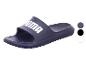 Blauwe zwembadsandalen met wit logo, met zwarte en witte kleuropties.