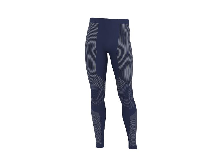 Donkerblauwe sportlegging met grijze strepenpatronen.