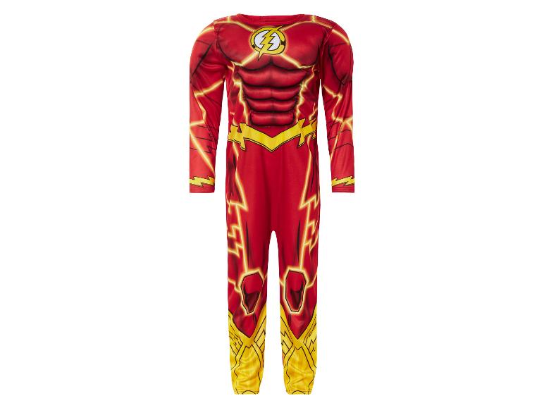 The Flash kostuum voor kinderen, een rood en geel full-body jumpsuit met bliksemlogo.