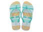 Paar teenslippers met turquoise strepen en oranje details, met de tekst '37 EUR 4 UK'.