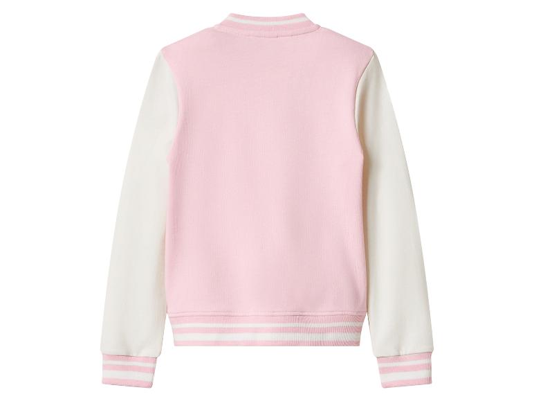 Roze en wit bomberjack met raglanmouwen en gestreepte details