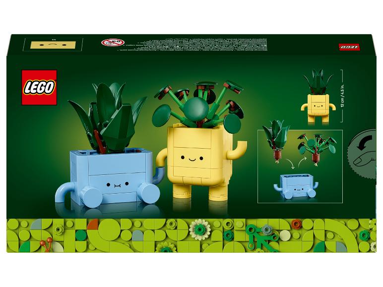 LEGO doos met twee bouwbare potplanten, één blauw en één geel.