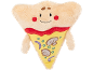 Knuffel in de vorm van een lachende pizzapunt met champignons en groenten.