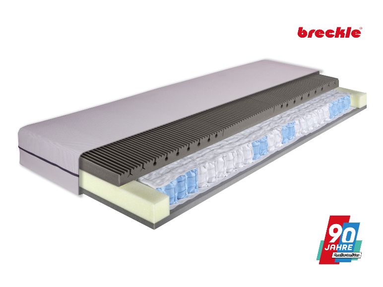 Breckle matras: doorsnede toont lagen van schuim en veren.