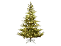 Kunstkerstboom met warmwitte LED-verlichting op een zwarte achtergrond.