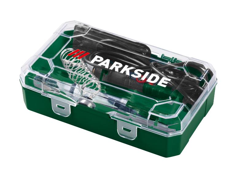 Parkside soldeerboutset in een groene en transparante plastic koffer