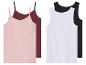 Twee paar tanktops: een paar in roze en bruine tinten, het andere in wit en zwart.