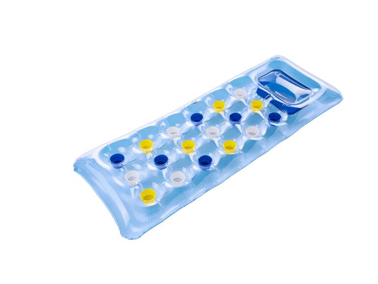 Blauwe opblaasbare zwemmatras met bekerhouders.