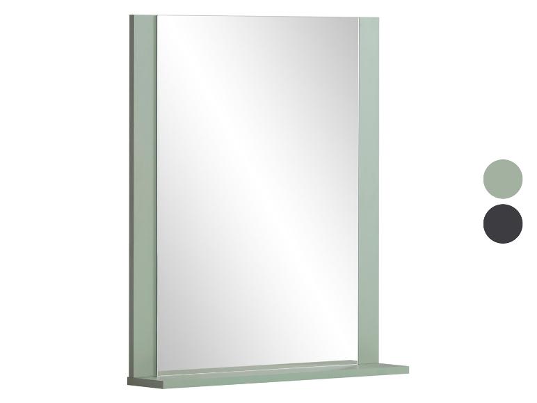 Groene badkamerspiegel met plank, ook verkrijgbaar in grijs.