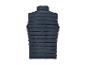 Een donkerblauwe gewatteerde vest zonder mouwen.