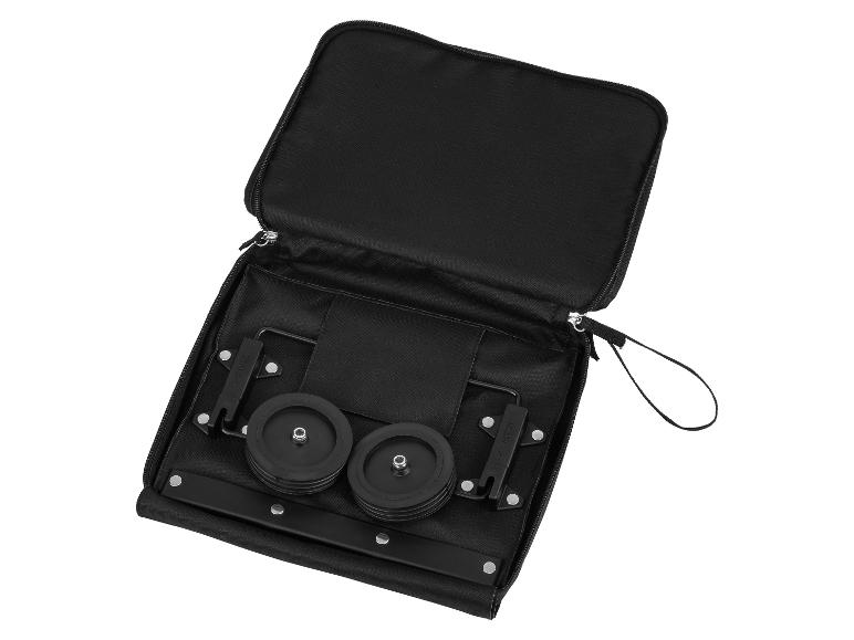 Zwarte tas met rits, met daarin een opvouwbare boodschappenwagen met wielen.