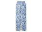Dames wijde broek met blauw paisley patroon en elastische tailleband.