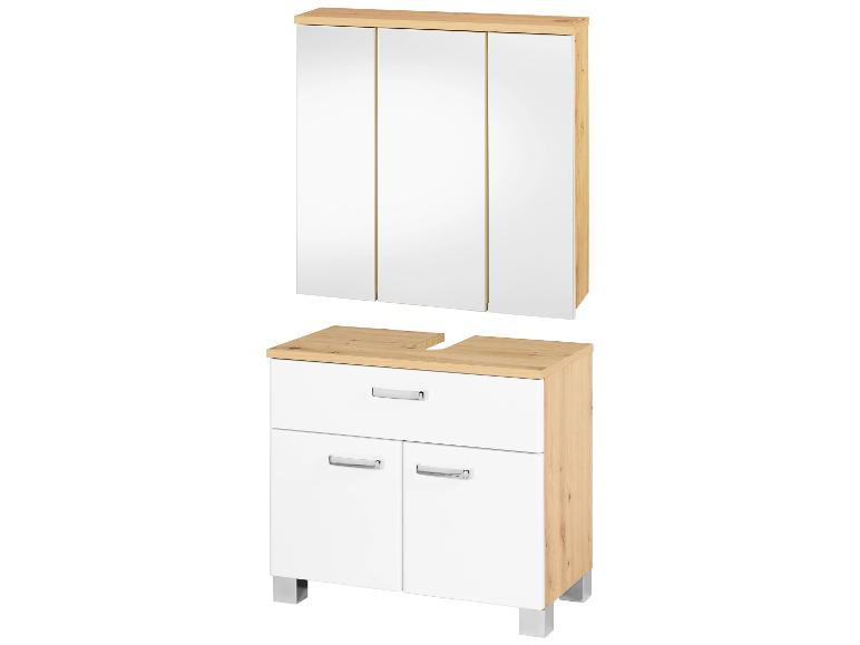 Badkamermeubelset met spiegelkast in wit en licht hout.