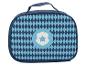Blauwe lunchtas met ruitpatroon en een schildlogo met een ster.