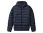 Donkerblauwe donsjas met capuchon voor heren.