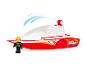 Rood-witte speelgoedbrandweerboot met brandweermanfiguur en waterstraal.