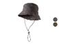 Donkergrijze vissershoed met verstelbaar kinbandje en kleurstalen.