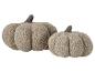 Twee pluizige decoratieve pompoenen in een neutrale beige kleur.