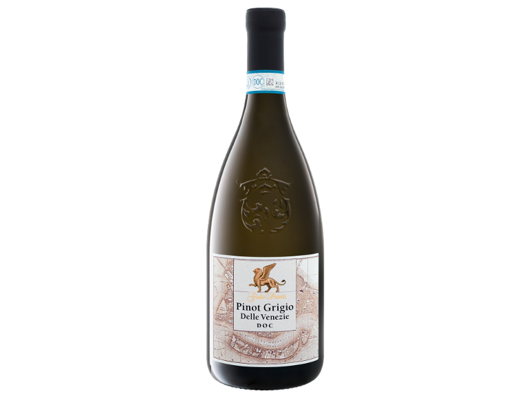 Fles witte wijn Pinot Grigio Delle Venezie DOC met een oud kaartetiket en gevleugelde leeuw.