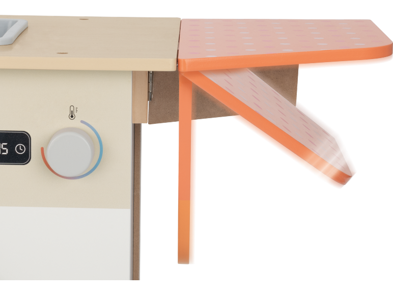Houten speelkeuken met opklapbaar aanrechtblad en ovenknop.