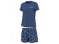 Marineblauwe damespyjama met korte mouwen en madeliefjesprint shorts, met de tekst 'Smile'.