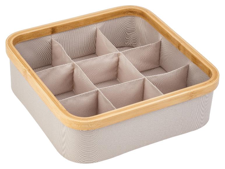 Opbergbox met vakjes, beige stof, bamboe rand.