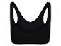 Zwarte sportbeha met brede bandjes en diepe ruguitsnijding.
