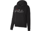 Zwarte hoodie met wit logo en rood accent bovenaan.
